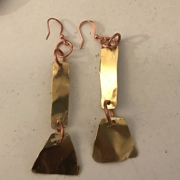 Tribal Brass Copper Earrings Drop Dangle Handmade Primitive Festival Bohemian - Picture 5 of 7